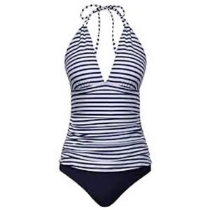 Yonique Womens VNeck Tankini Set Navy Blue White Stripe Halter Ruched Top XS NEW